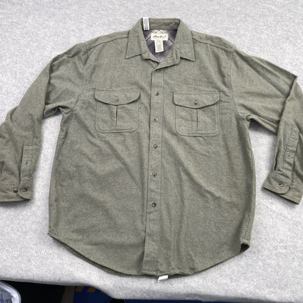 Eddie Bauer Shirt Mens Large Green Solid Flannel Button Up Long Sleeve Casual
